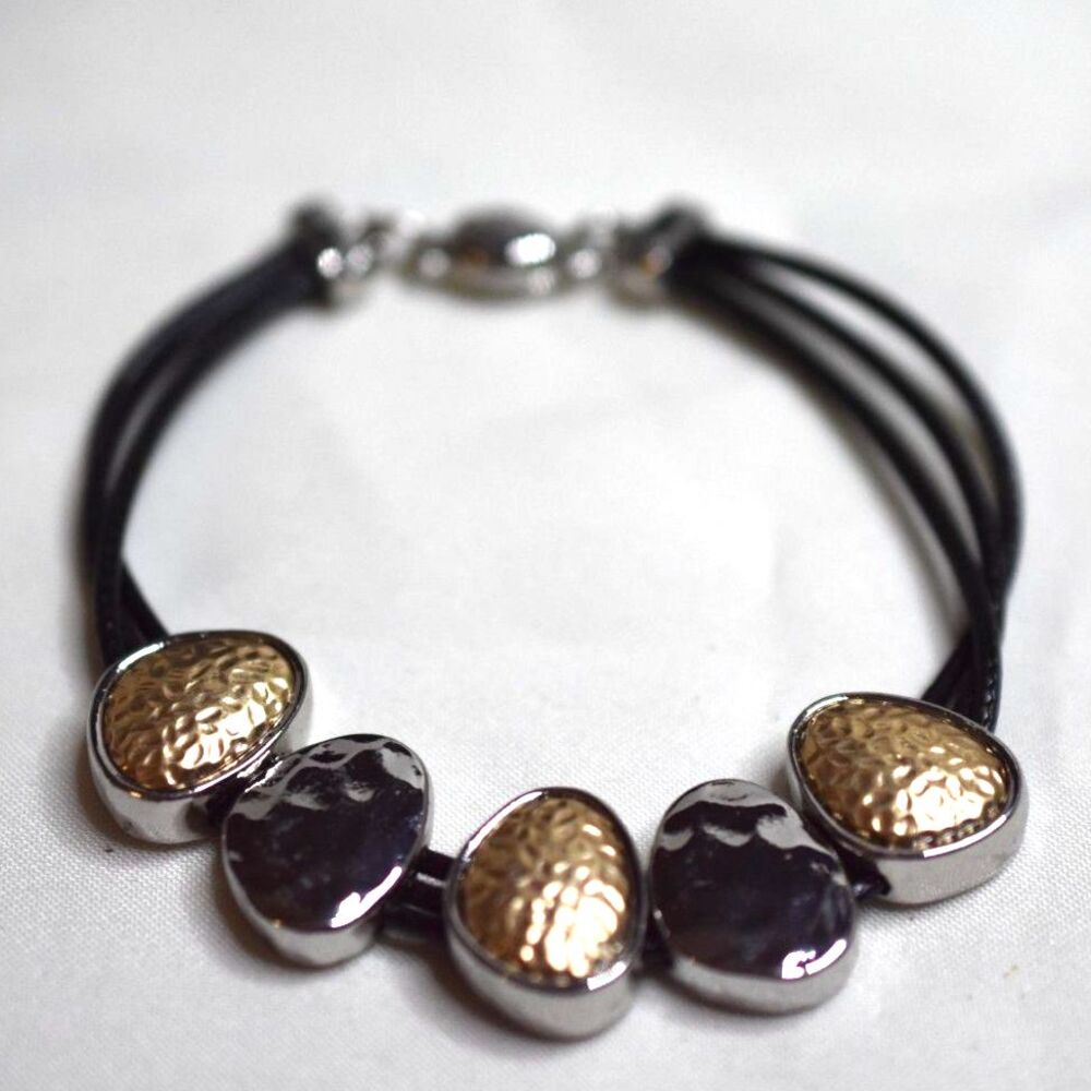 NWOT Multi Strand Black Cord Silver/Gold Tone Pebbled Charms 7" Trendy Bracelet